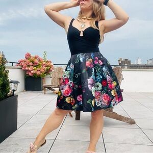 Ted Baker Black Floral Pattern Satin Tutu Tailored A-Line Skirt NWOT
